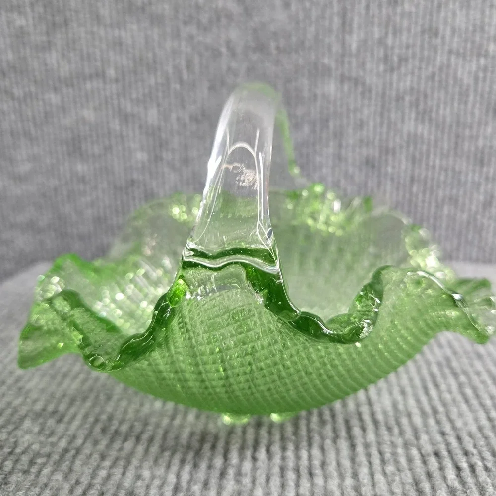 Fenton Green Glass Basket Handled Pinched Edge Hobnail Basket Dish